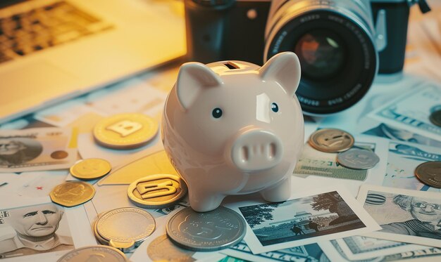 Photo des cochons disposés avec des symboles financiers