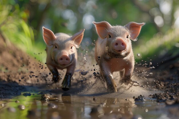 Photo des cochons enjoués qui éclaboussent dans des flaques de boue.