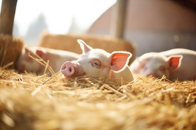 Des cochons qui se prélassent sur de la paille à la lumière