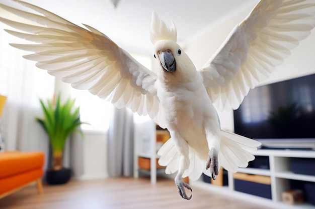 Photo cockatou blanc volant dans les airs dans le salon