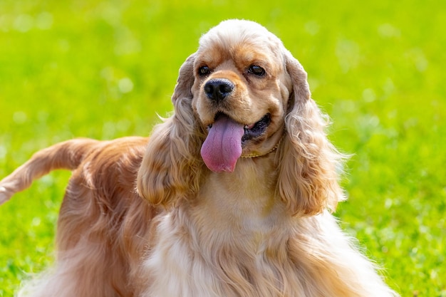 Cocker américain avec une longue fourrure brune sur fond d'herbe par temps ensoleillé