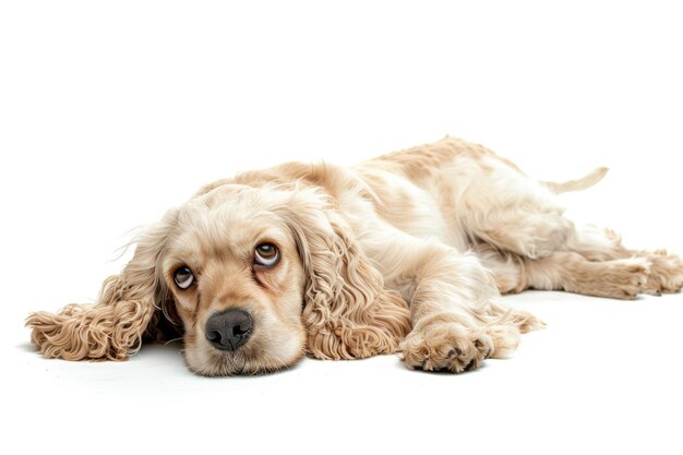 Un Cocker Spaniel anglais enjoué posant heureux sur un fond blanc