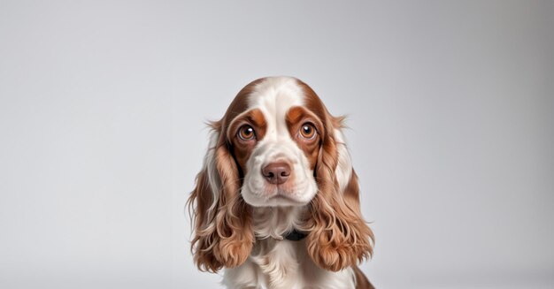 Photo cocker spaniel anglais jeune chien posant chien blanc et brun ou animal de compagnie jouant heureux isolé