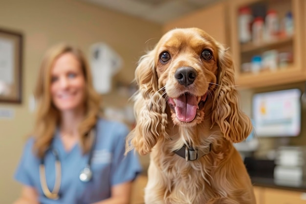 Cocker spaniel anglais à un rendez-vous chez le médecin dans une clinique vétérinaire le chien regarde la caméra