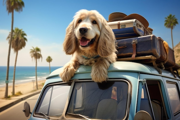 Cocker Spaniel sur le toit d'une voiture avec des valises Chien mignon à l'arrière de la voiture prêt à voyager AI généré