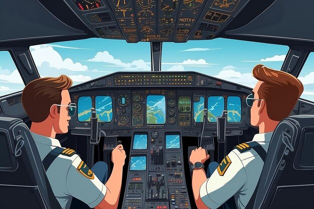 Cockpit d'avion Pilotes assis devant le tableau de bord de l'avion à l'intérieur des illustrations de dessins animés vectoriels