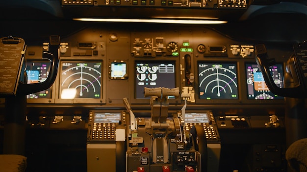 Cockpit d'avion vide avec navigation au tableau de bord pour le décollage, à l'aide de l'accélérateur du moteur et du panneau de commande. Cabine d'avion avec interrupteur d'alimentation et levier pour naviguer avec boussole. Fermer.