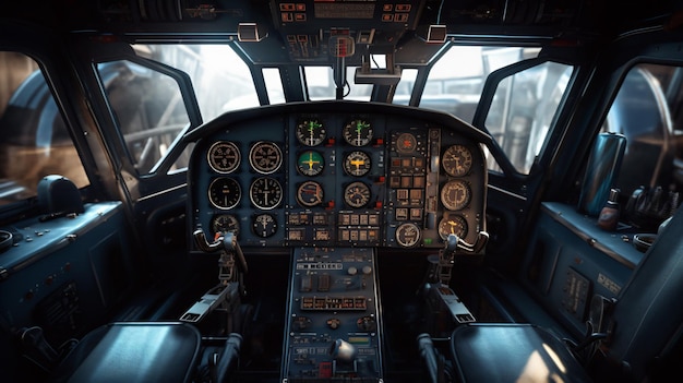 Cockpit d'hélicoptère avec bras de pilote et panneau de commande