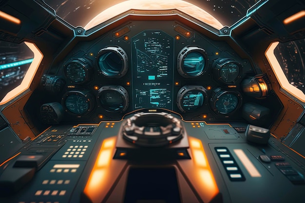 Un cockpit de vaisseau spatial futuriste avec une technologie sophistiquée et des panneaux de contrôle