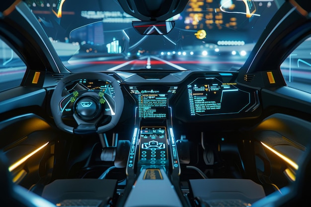 Cockpit de véhicule autonome futuriste Intérieur du tableau de bord de la voiture sans pilote