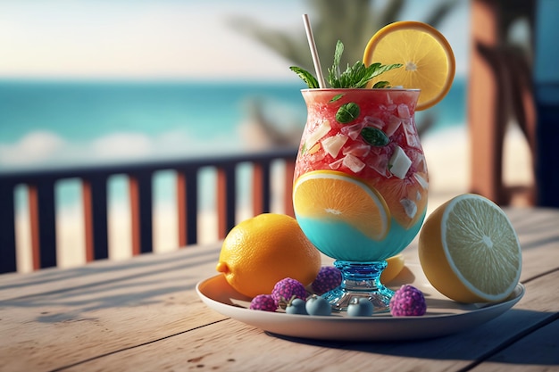 Cocktail d'alcool avec des fruits sur la plage d'été