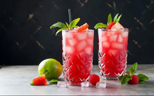 Cocktail alcoolique exotique rose et rouge fraîchement coloré avec du citron et de la glace sur la table du restaurant boisson gazeuse rose colorée avec du glace mojito rouge coloré