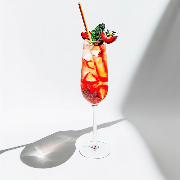 Cocktail alcoolisé à la fraise sur fond blanc avec des ombres Boisson d'été spritz de fraise avec place vide Mocktail de fraise dans un style minimal