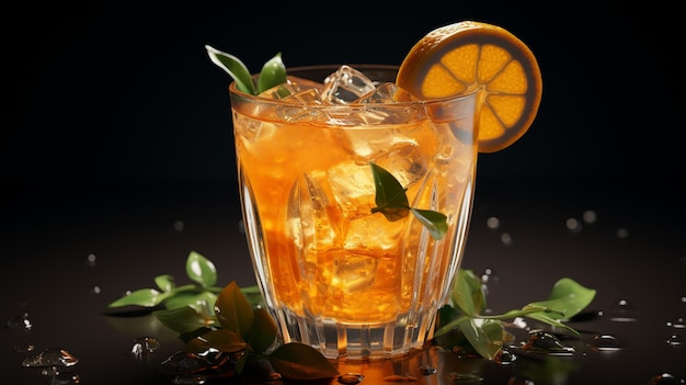 Cocktail alcoolisé avec une tranche d'orange sur fond noir