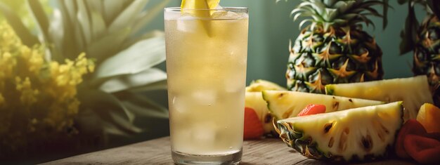 Un cocktail d'ananas avec un ananas en arrière-plan