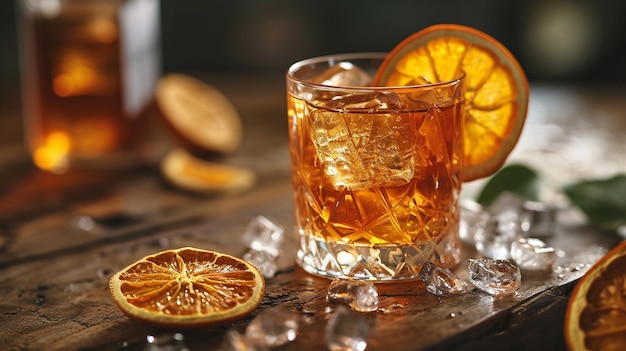 Un cocktail à l'ancienne avec de la glace et de l'orange séchée.