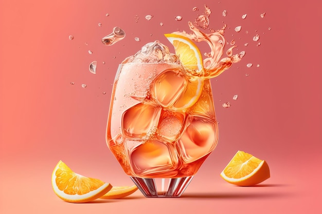 Cocktail Aperol Spritz sur fond rose Illustration d'un cocktail alcoolisé avec des glaçons AI Generation