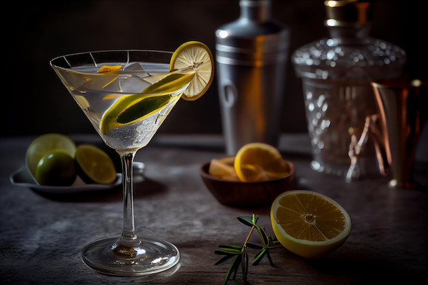 Cocktail au citron et olives sur fond sombre IA générative