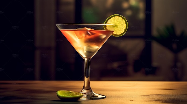 Un cocktail au citron vert sur le fond et un verre d'alcool sur la table