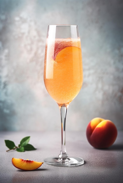 Cocktail Bellini sur fond de pierre claire Cocktail d'été à la pêche sur fond clair