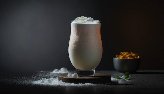 Un cocktail blanc avec un verre de lait de coco sur une table en bois.