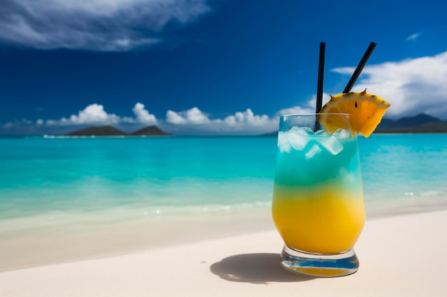 Cocktail bleu et jaune sur la plage