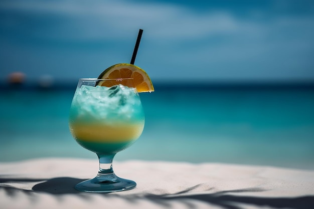 Un cocktail bleu sur la plage avec une paille noire