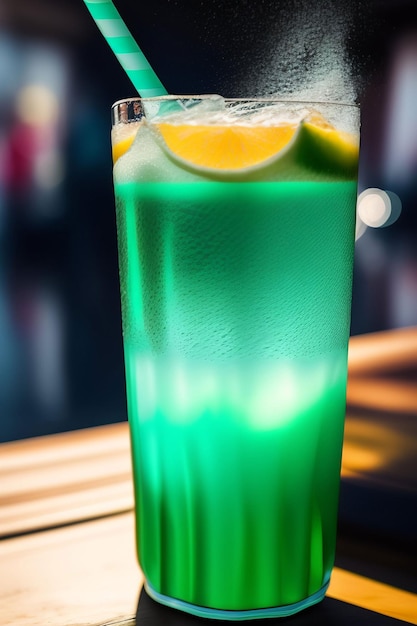 Un cocktail bleu avec une tranche de citron sur le dessus