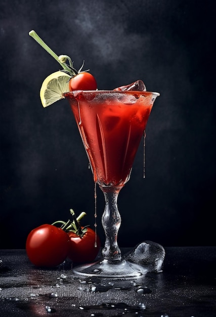 Cocktail Bloody Mary sur fond de pierre sombre Cocktail avec tomates et basilic sur fond rustique