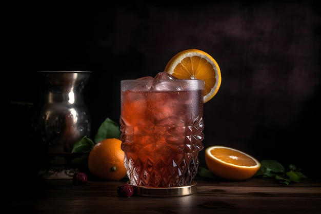 Un cocktail avec une boisson rouge sur une table