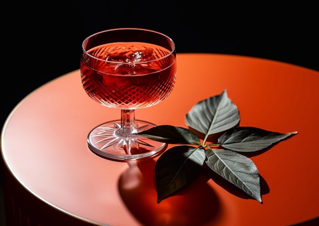 Photo cocktail campari amer avec de la glace et des feuilles sèches sur une table ronde dans le bar loungeai generative