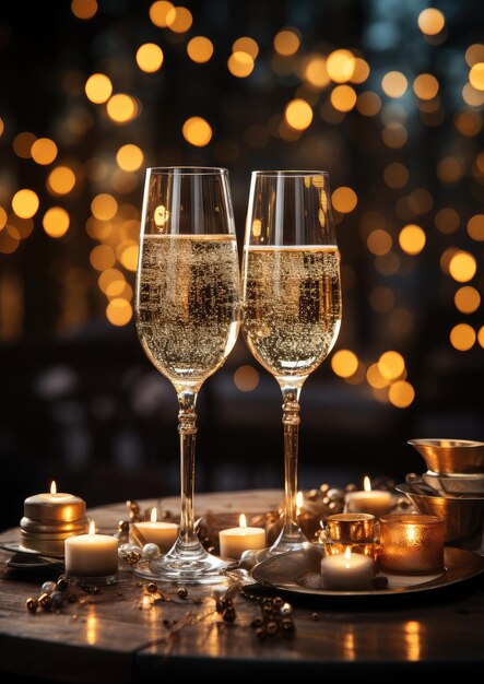 Cocktail de champagne dans des verres sous Noël Bokeh Lumières rapprochement extrême IA générative