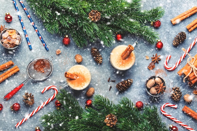Cocktail chaud d'hiver ou d'automne au lait de poule avec des œufs de lait et du rhum brun saupoudré de cannelle et de muscade dans des tasses en verre sous la neige de la table de Noël
