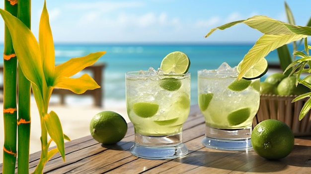 cocktail de citron vert avec des glaçons sur une table en bois palmier sable blanc ciel bleu sur la plage