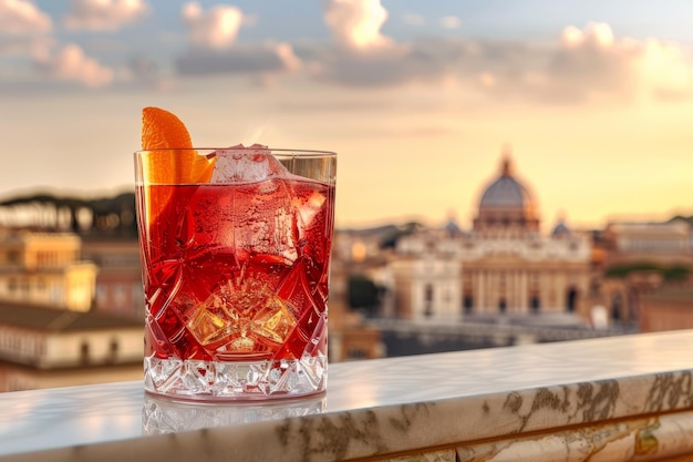 Un cocktail classique de negroni avec la ville de Rome en arrière-plan