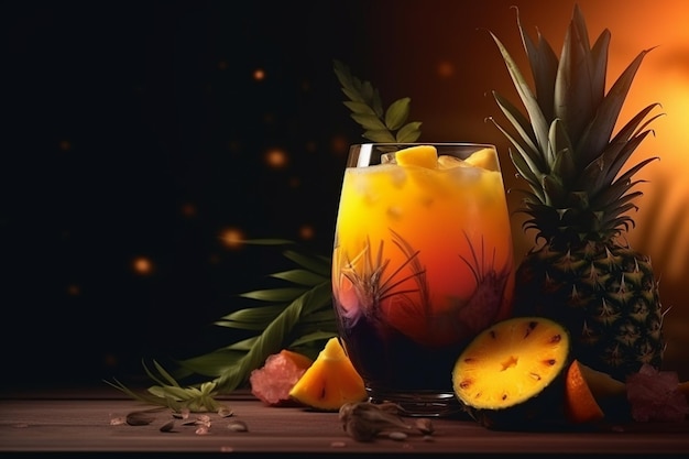 Un cocktail coloré avec des ananas et des ananas sur fond sombre.