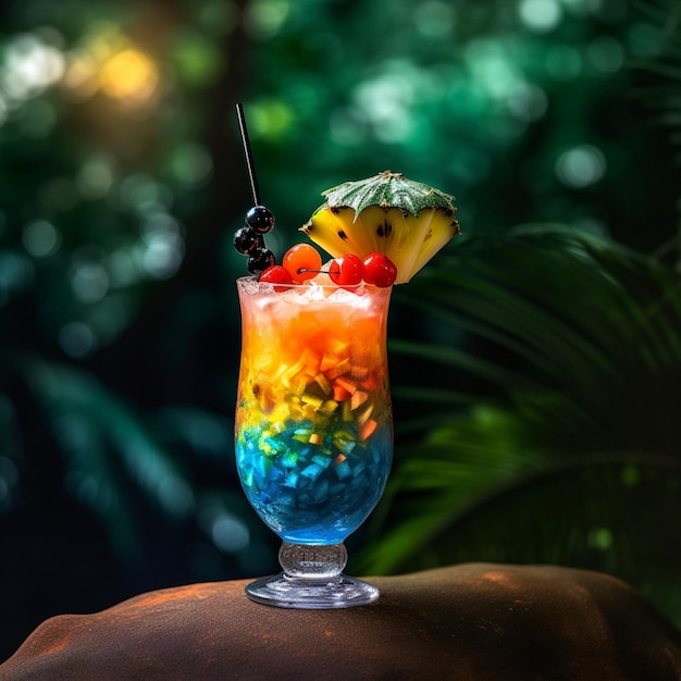 Un cocktail coloré avec un ananas dessus