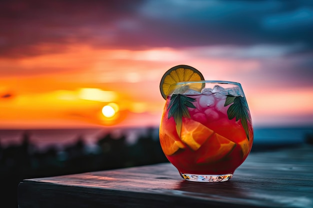 Cocktail coloré avec fond de coucher de soleil pour des vibrations estivales créées avec une IA générative