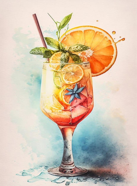 Un cocktail coloré avec des oranges et une paille.