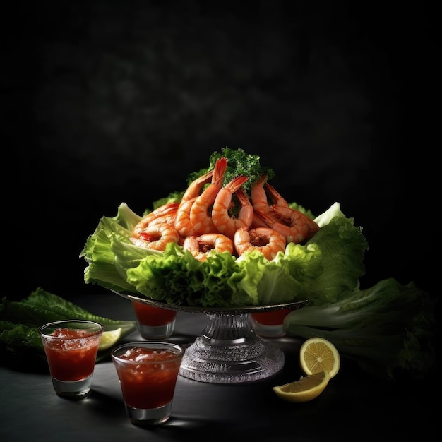 Cocktail de crevettes à la sauce tomate et laitue sur fond sombre