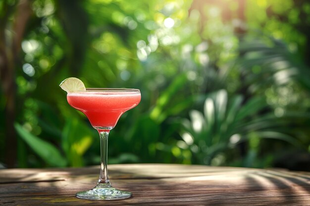 Cocktail de daiquiri rouge dans un verre sur une table en bois sur un fond d'arbres tropicaux