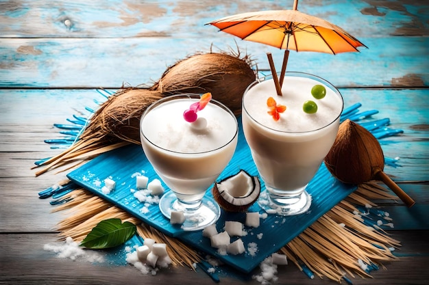 Cocktail décoré d'un parapluie lumineux et du lait de coco avec de la paille