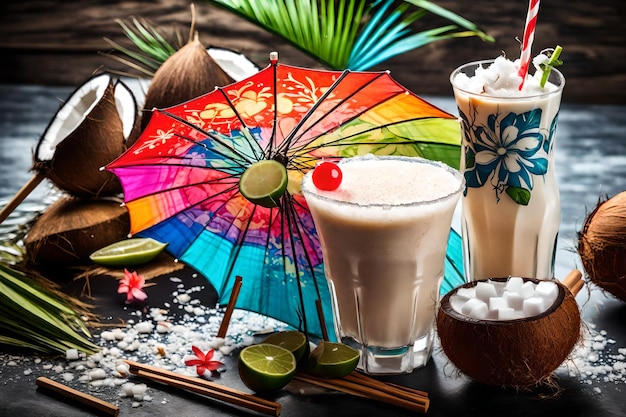 Cocktail décoré d'un parapluie lumineux et du lait de coco avec de la paille
