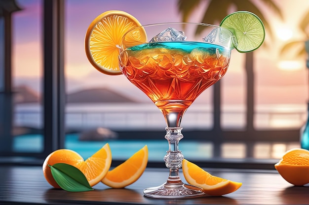 cocktail avec du jus bleu sur un verre de plage de cocktail à l'orange et au citron sur la table à Sunsetcocktai