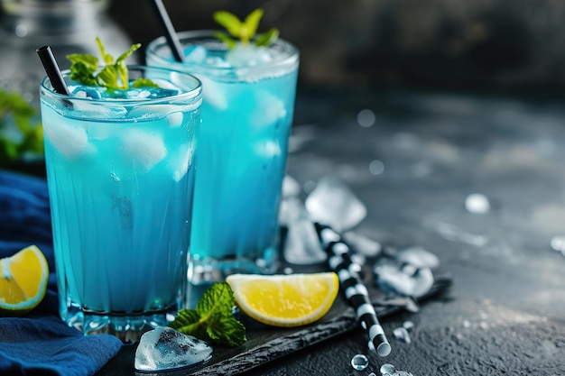 Cocktail du lagon bleu garni avec des vibrations tropicales de menthe fraîche