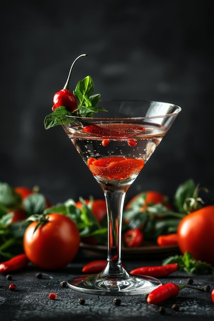 Cocktail épicé dans un verre martini avec du piment rouge sur un fond sombre