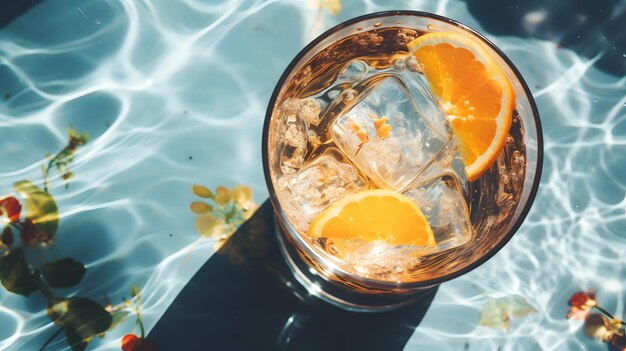 cocktail d'été avec citron et glace à côté de la piscine et fond de ciel bleu