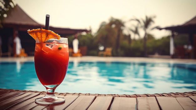 Cocktail d'été sur fond de piscine Illustration AI GenerativexA