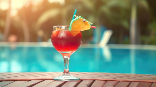 Cocktail d'été sur fond de piscine Illustration AI GenerativexA