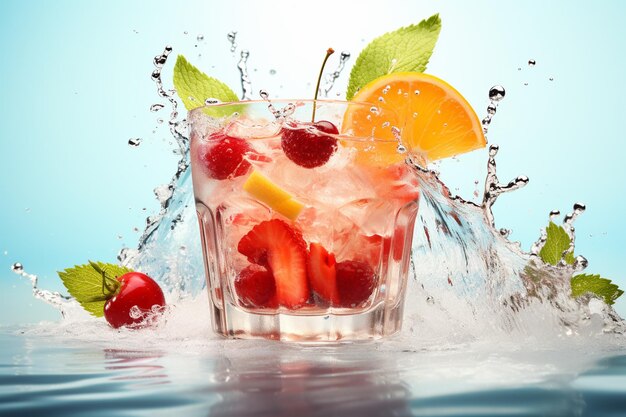 Cocktail d'été frais avec des cubes de glace, des fruits et des éclaboussures sur fond bleu.